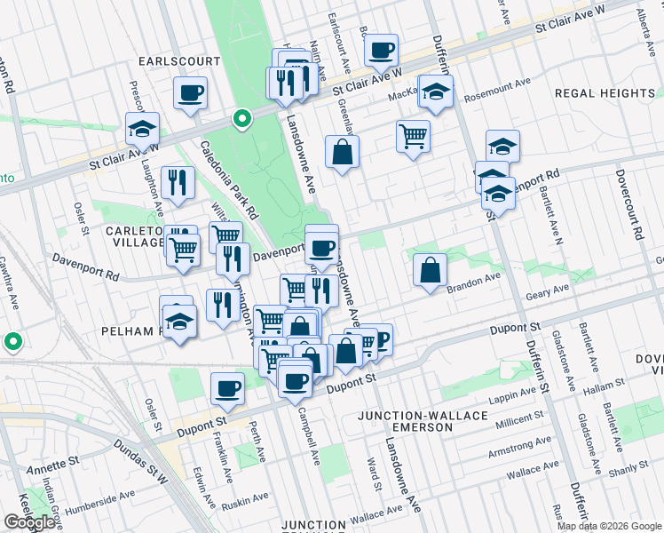 map of restaurants, bars, coffee shops, grocery stores, and more near 1100 Lansdowne Avenue in Toronto