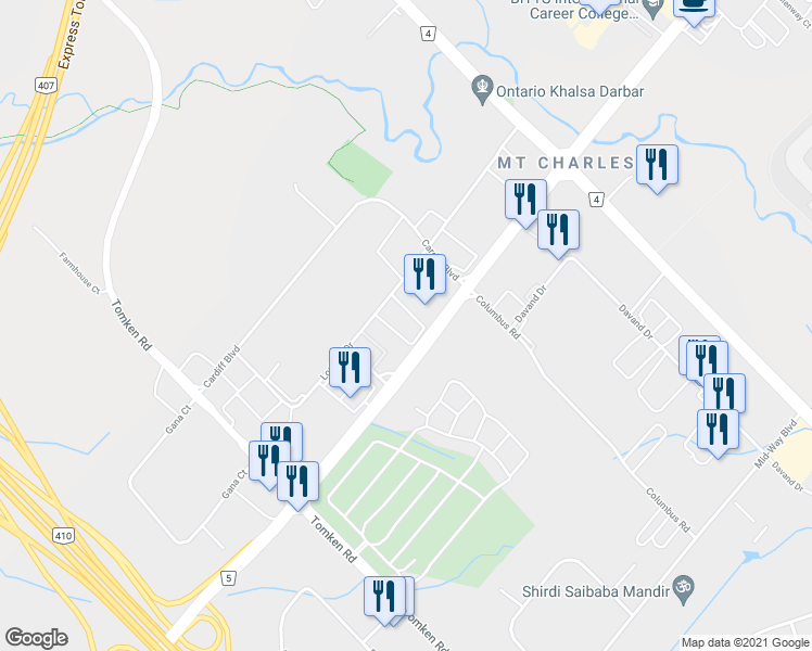 map of restaurants, bars, coffee shops, grocery stores, and more near 1200 Lorimar Drive in Mississauga