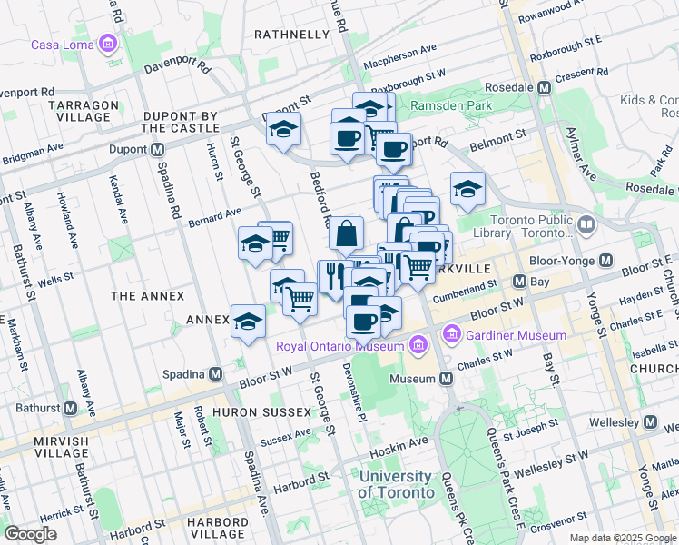 map of restaurants, bars, coffee shops, grocery stores, and more near 36 Lowther Avenue in Toronto