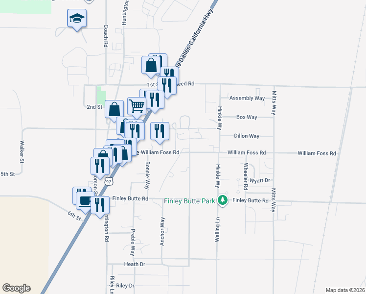 map of restaurants, bars, coffee shops, grocery stores, and more near 16540 William Foss Road in La Pine