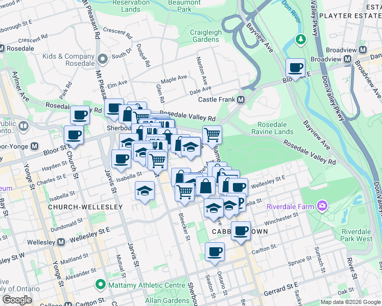map of restaurants, bars, coffee shops, grocery stores, and more near 77 Howard Street in Toronto