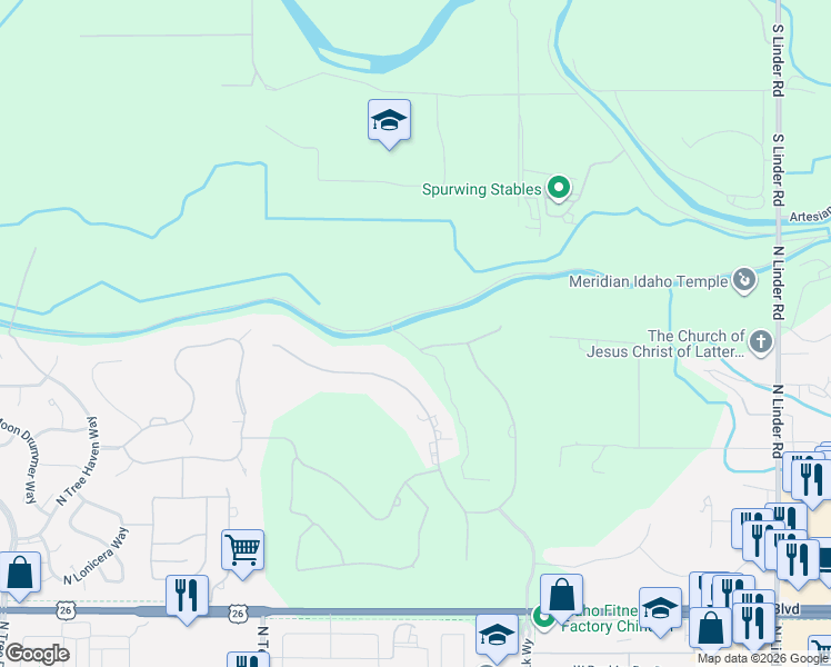 map of restaurants, bars, coffee shops, grocery stores, and more near 2662 West Penick Pointe Lane in Meridian