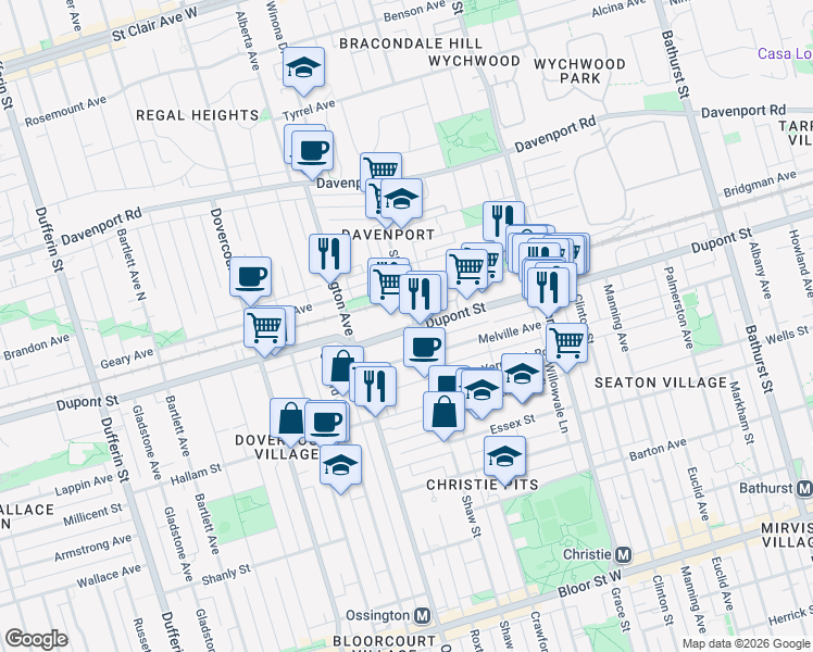 map of restaurants, bars, coffee shops, grocery stores, and more near 840 Dupont Street in Toronto