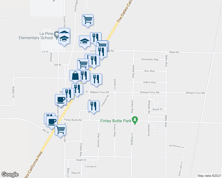 map of restaurants, bars, coffee shops, grocery stores, and more near 16540 William Foss Road in La Pine