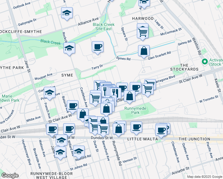 map of restaurants, bars, coffee shops, grocery stores, and more near 55 Hagar Avenue in Toronto