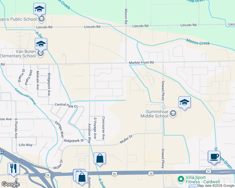 map of restaurants, bars, coffee shops, grocery stores, and more near 4003 Bobwhite Street in Caldwell