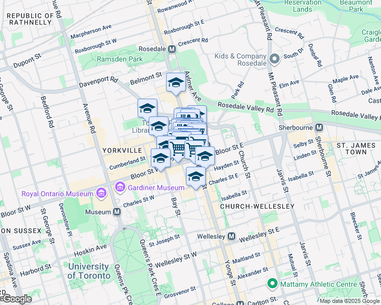 map of restaurants, bars, coffee shops, grocery stores, and more near 2 Bloor Street West in Toronto