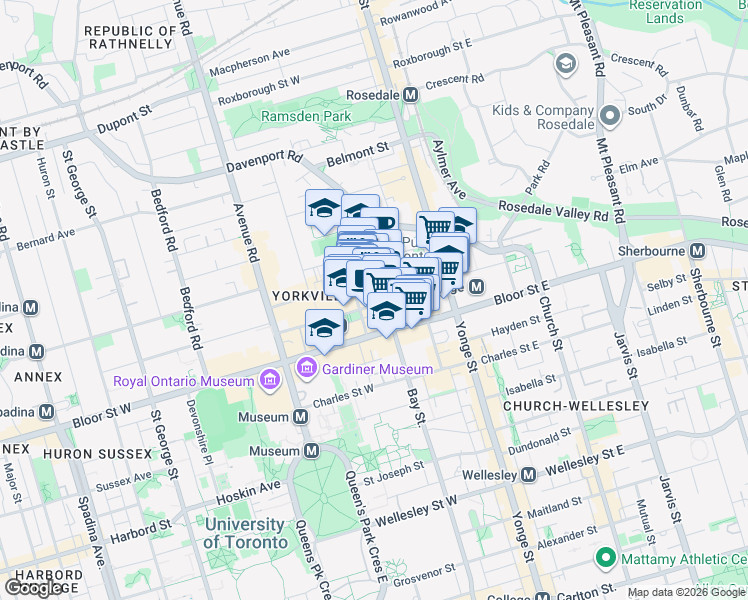 map of restaurants, bars, coffee shops, grocery stores, and more near 1235 Bay Street in Toronto