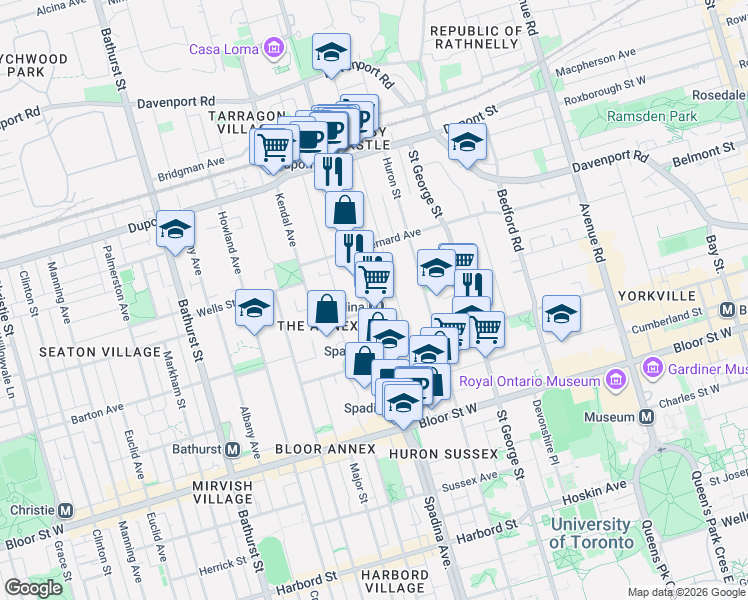 map of restaurants, bars, coffee shops, grocery stores, and more near 93 Spadina Road in Toronto
