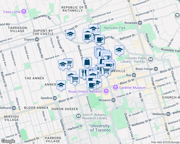 map of restaurants, bars, coffee shops, grocery stores, and more near 46 Lowther Avenue in Toronto