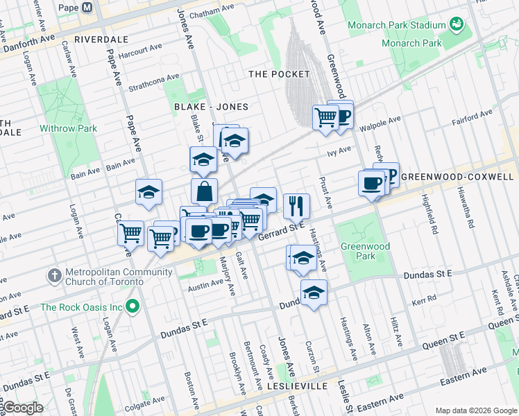 map of restaurants, bars, coffee shops, grocery stores, and more near 12 Bushell Avenue in Toronto