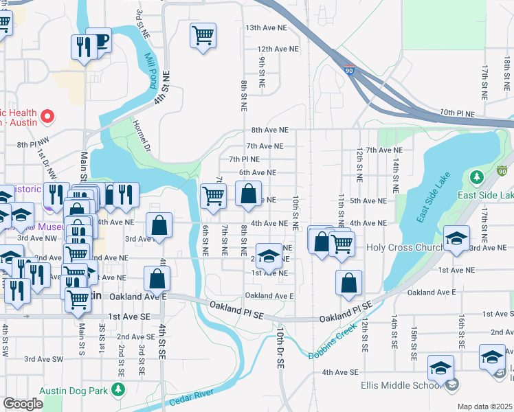 map of restaurants, bars, coffee shops, grocery stores, and more near 906 5th Avenue Northeast in Austin