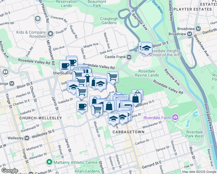 map of restaurants, bars, coffee shops, grocery stores, and more near 135 Rose Avenue in Toronto