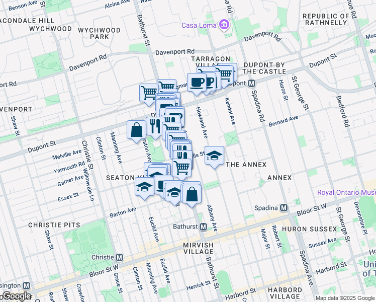map of restaurants, bars, coffee shops, grocery stores, and more near 154 Albany Avenue in Toronto