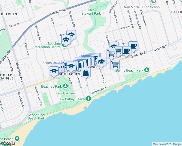 map of restaurants, bars, coffee shops, grocery stores, and more near 85 Hammersmith Avenue in Toronto