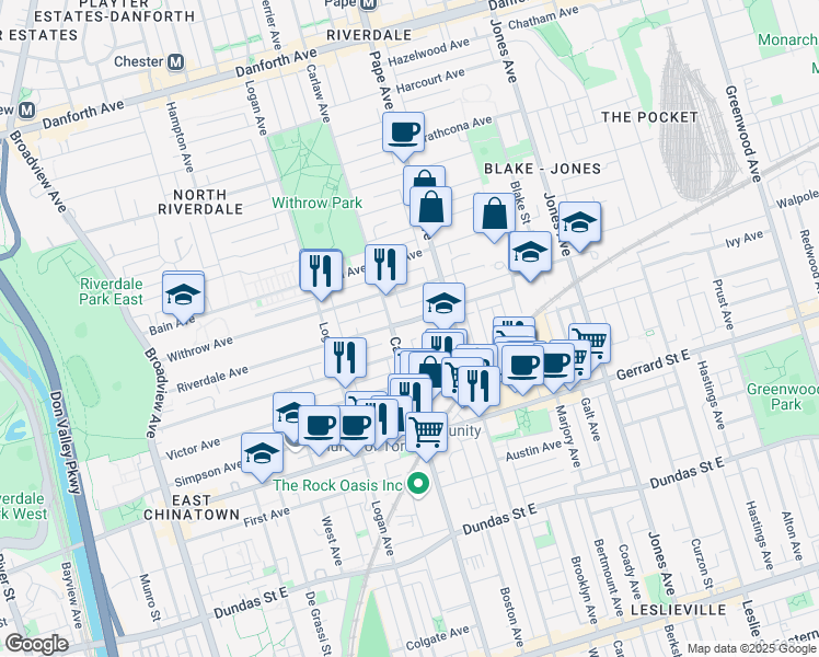 map of restaurants, bars, coffee shops, grocery stores, and more near 245 Riverdale Avenue in Toronto