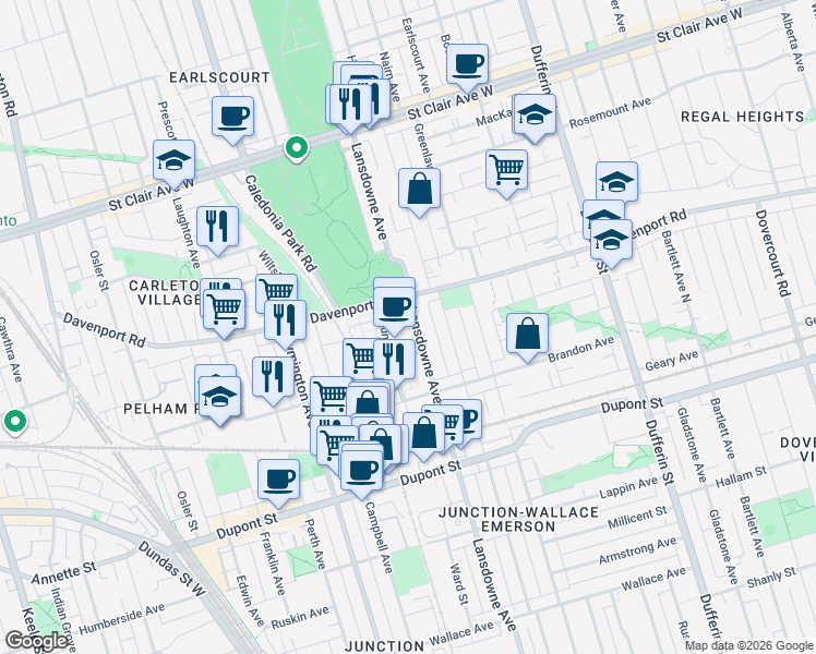 map of restaurants, bars, coffee shops, grocery stores, and more near 1100 Lansdowne Avenue in Toronto