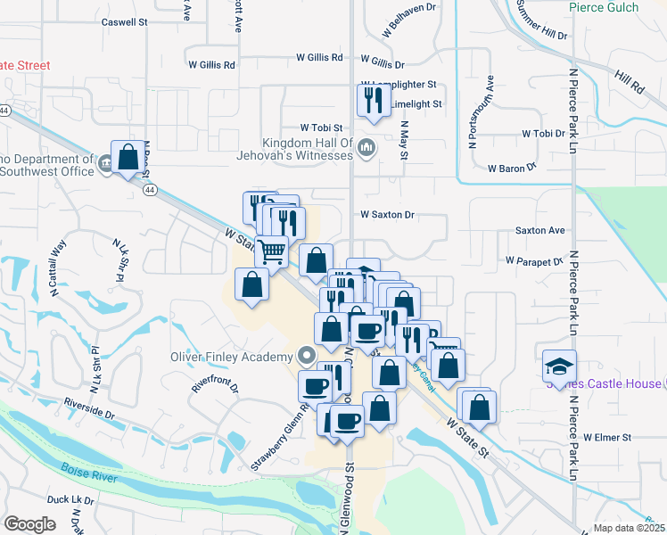 map of restaurants, bars, coffee shops, grocery stores, and more near 7366 West Garden Glen Drive in Boise