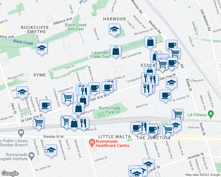 map of restaurants, bars, coffee shops, grocery stores, and more near in Toronto