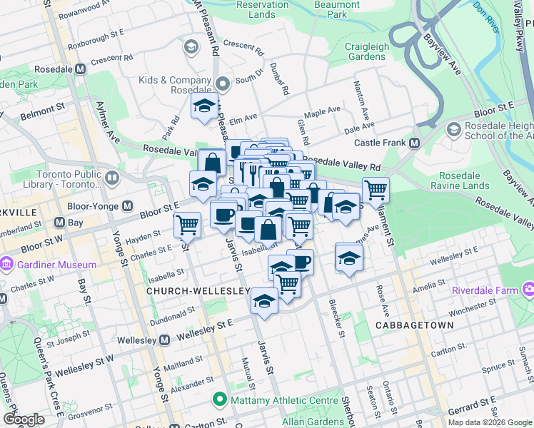 map of restaurants, bars, coffee shops, grocery stores, and more near 28 Linden Street in Toronto