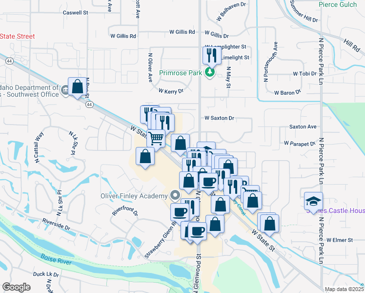 map of restaurants, bars, coffee shops, grocery stores, and more near 7428 West Garden Glen Drive in Boise