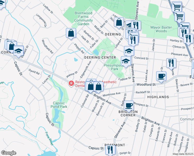 map of restaurants, bars, coffee shops, grocery stores, and more near 11 Leeman Street in Portland