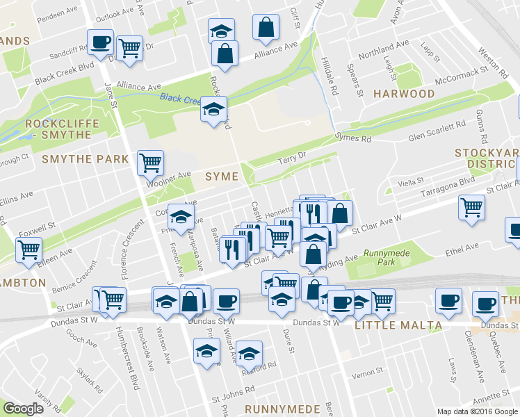 map of restaurants, bars, coffee shops, grocery stores, and more near in Toronto