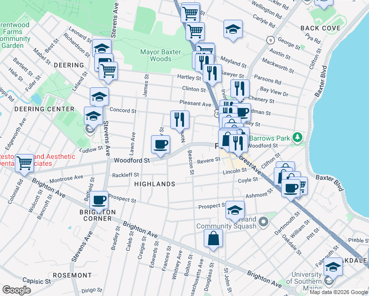 map of restaurants, bars, coffee shops, grocery stores, and more near 12 Norwood Street in Portland