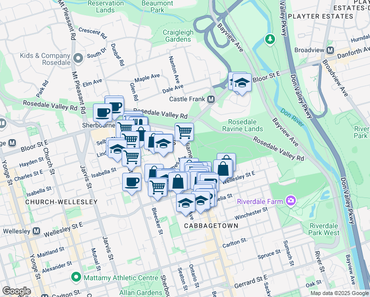 map of restaurants, bars, coffee shops, grocery stores, and more near 670 Parliament Street in Toronto