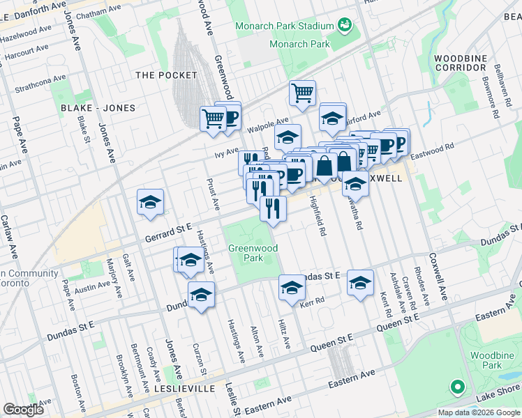 map of restaurants, bars, coffee shops, grocery stores, and more near 214 Greenwood Avenue in Toronto