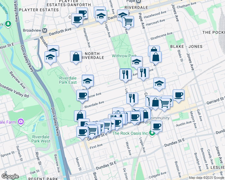 map of restaurants, bars, coffee shops, grocery stores, and more near 106 Withrow Ave in Toronto
