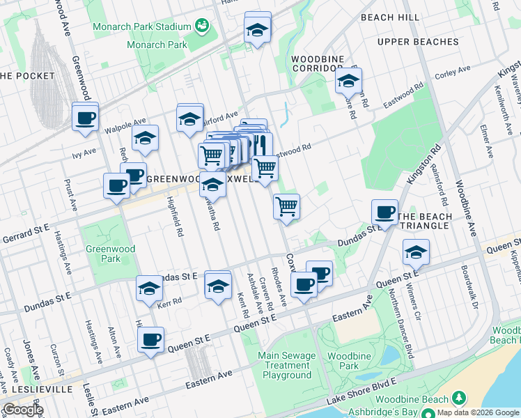 map of restaurants, bars, coffee shops, grocery stores, and more near 203 Rhodes Avenue in Toronto