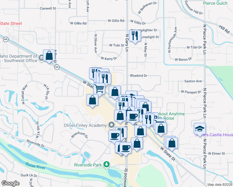 map of restaurants, bars, coffee shops, grocery stores, and more near 7366 West Garden Glen Drive in Boise
