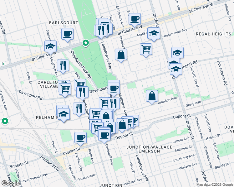 map of restaurants, bars, coffee shops, grocery stores, and more near 1100 Lansdowne Avenue in Toronto