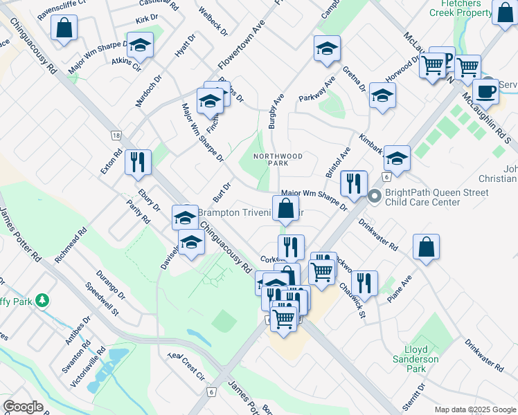 map of restaurants, bars, coffee shops, grocery stores, and more near 34 Brydon Crescent in Brampton