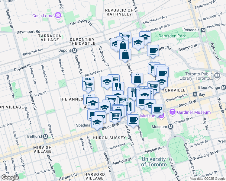 map of restaurants, bars, coffee shops, grocery stores, and more near 206 Saint George Street in Toronto