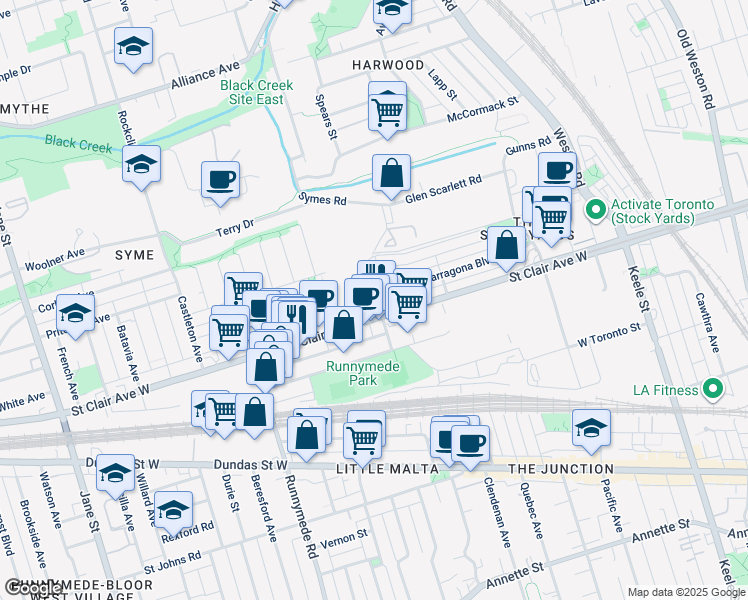 map of restaurants, bars, coffee shops, grocery stores, and more near 2306 Saint Clair Avenue West in Toronto