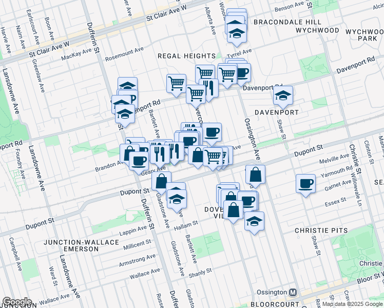 map of restaurants, bars, coffee shops, grocery stores, and more near 342 Westmoreland Avenue in Toronto