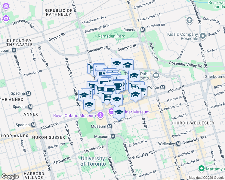 map of restaurants, bars, coffee shops, grocery stores, and more near in Toronto