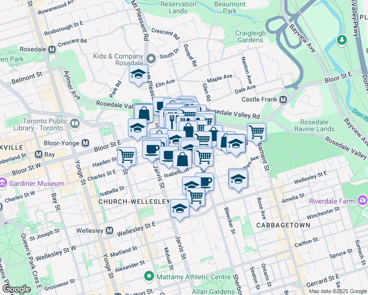 map of restaurants, bars, coffee shops, grocery stores, and more near 18 Linden Street in Toronto