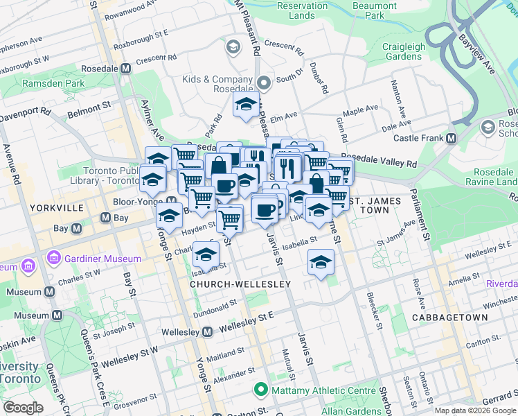 map of restaurants, bars, coffee shops, grocery stores, and more near 28 Ted Rogers Way in Toronto