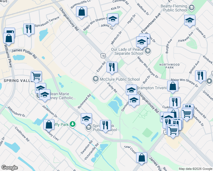 map of restaurants, bars, coffee shops, grocery stores, and more near 56 Adrian Crescent in Brampton
