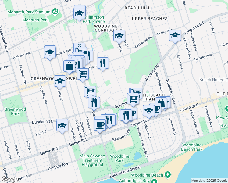 map of restaurants, bars, coffee shops, grocery stores, and more near 14 Vince Avenue in Toronto