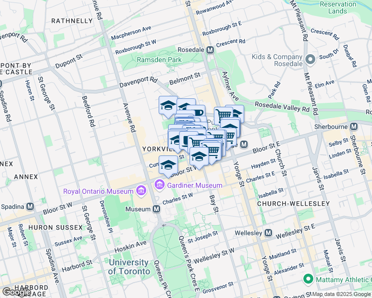 map of restaurants, bars, coffee shops, grocery stores, and more near 25 Bellair Street in Toronto