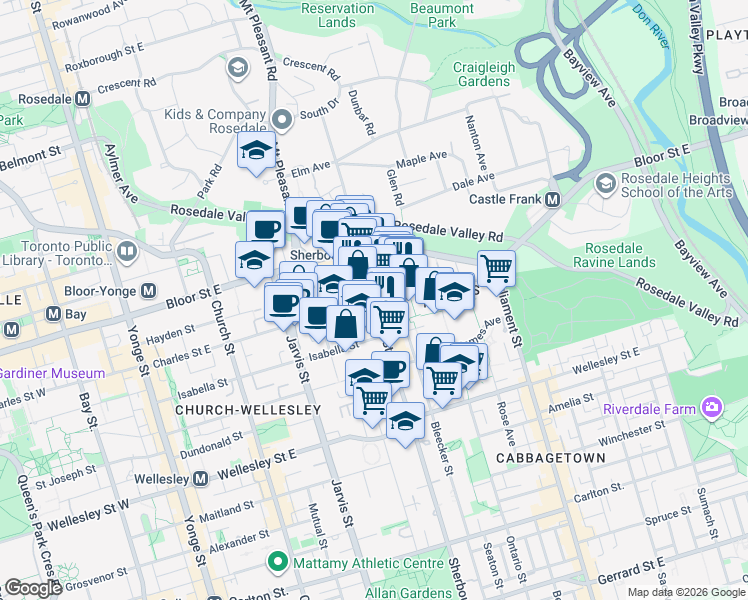 map of restaurants, bars, coffee shops, grocery stores, and more near 635 Sherbourne Street in Toronto
