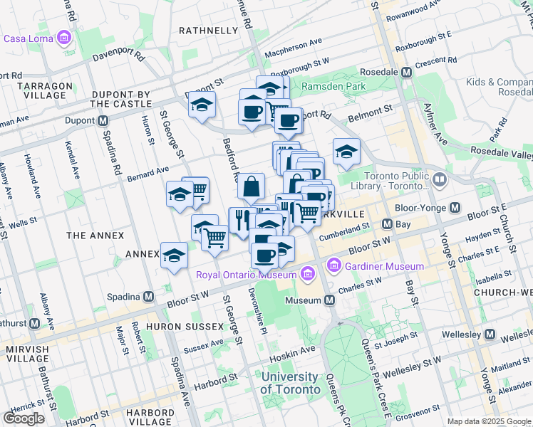 map of restaurants, bars, coffee shops, grocery stores, and more near 36 Lowther Avenue in Toronto