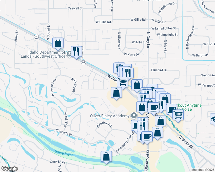 map of restaurants, bars, coffee shops, grocery stores, and more near 5587 Bullrun Lane in Boise