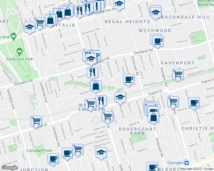map of restaurants, bars, coffee shops, grocery stores, and more near 37 Bristol Avenue in Toronto