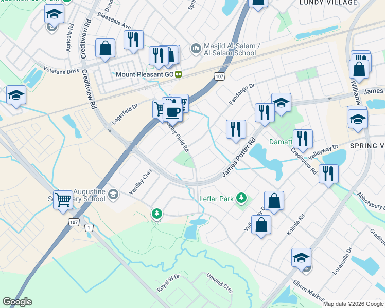 map of restaurants, bars, coffee shops, grocery stores, and more near 10 Fallgate Drive in Brampton