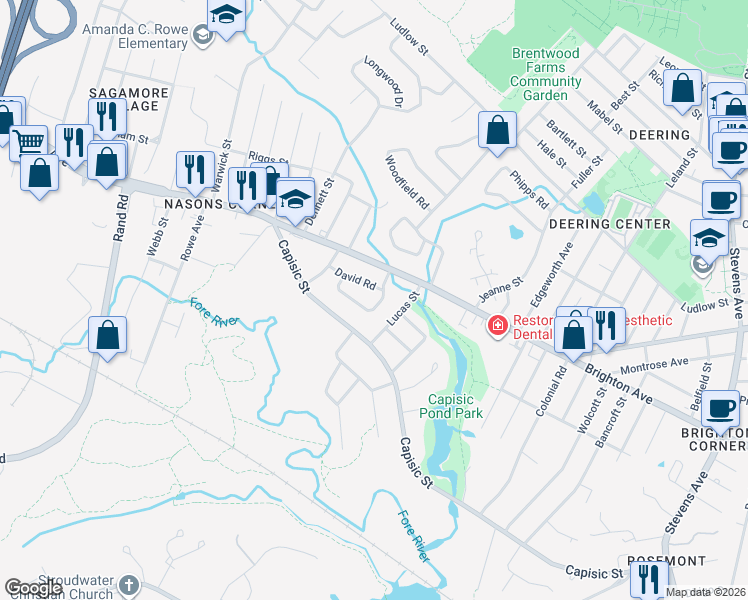 map of restaurants, bars, coffee shops, grocery stores, and more near 16 David Road in Portland